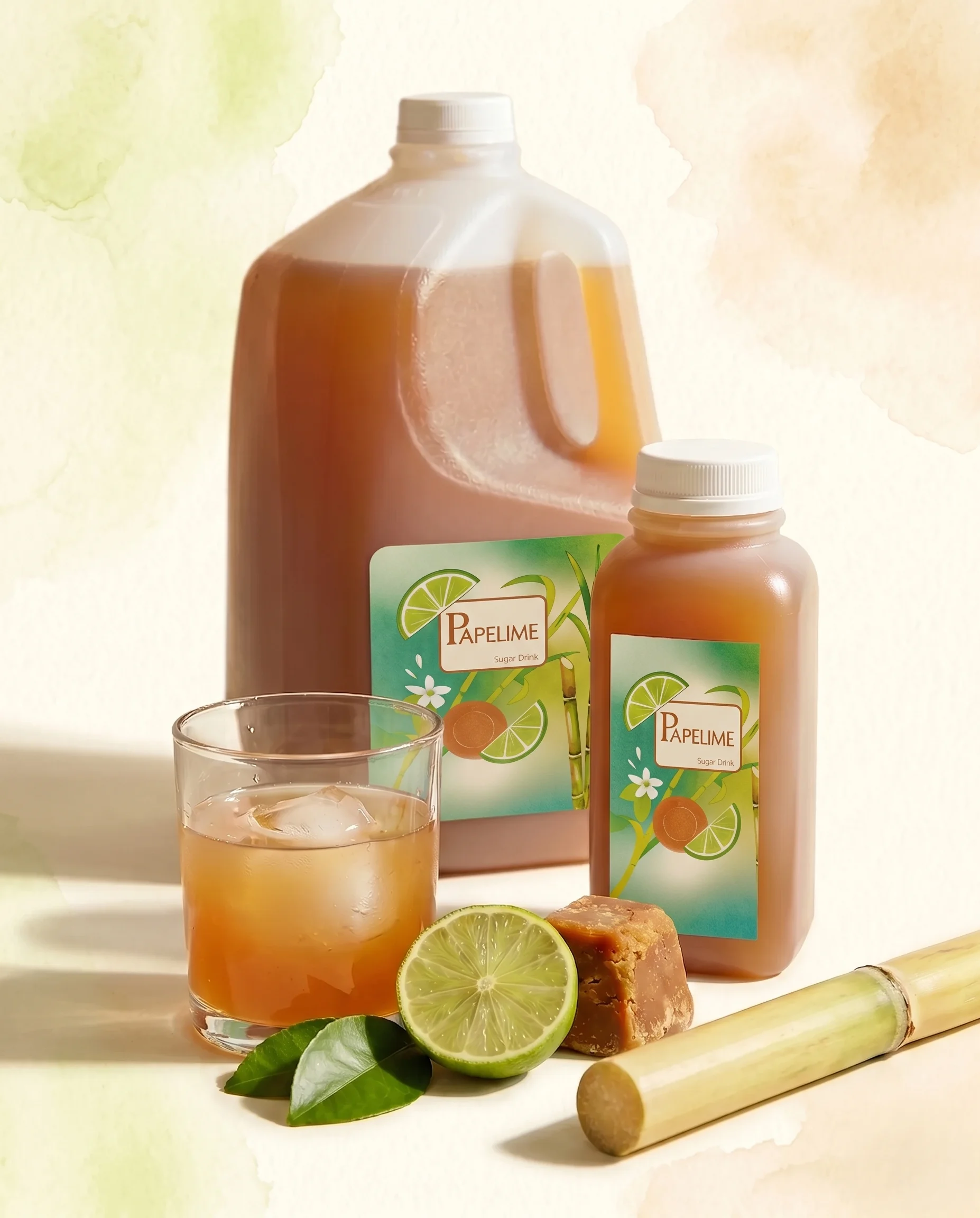 Papelime — 1 gallon jug, 12 oz bottle, glass with ice, lime and sugar cane